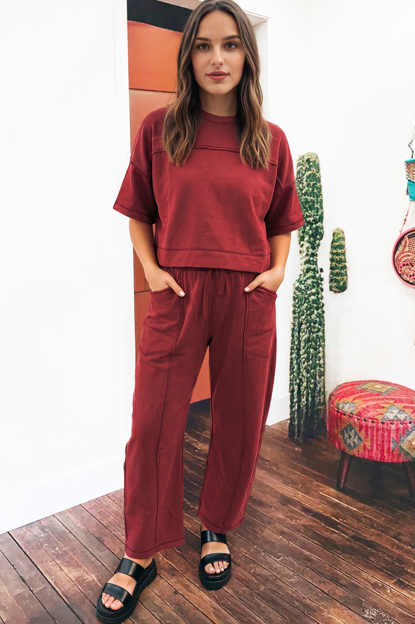Racing Red Drop Shoulder Boxy Tee and Barrel Pants Set