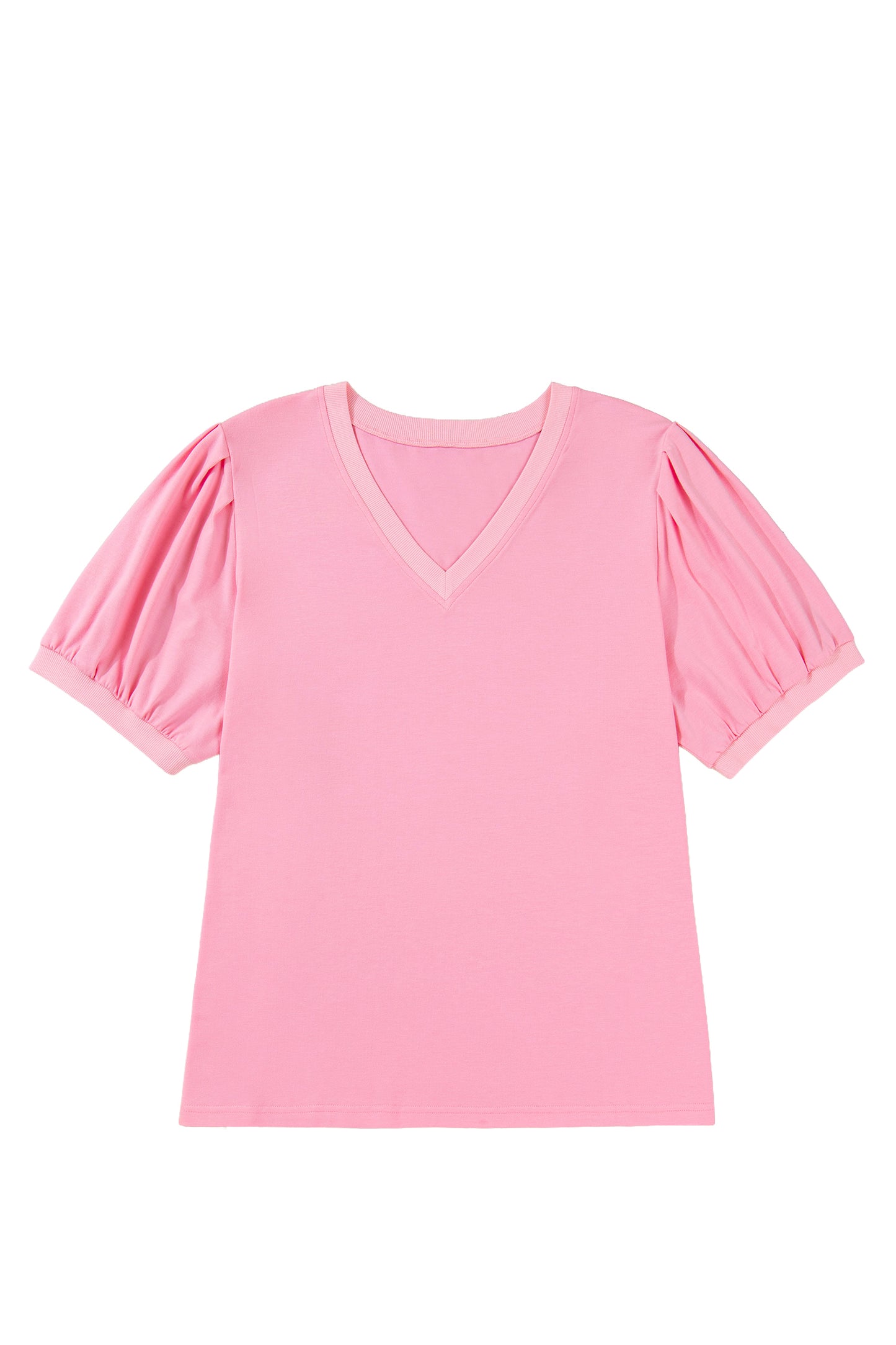 Bonbon V Neck Pleated Short Puff Sleeve Plus Size Blouse