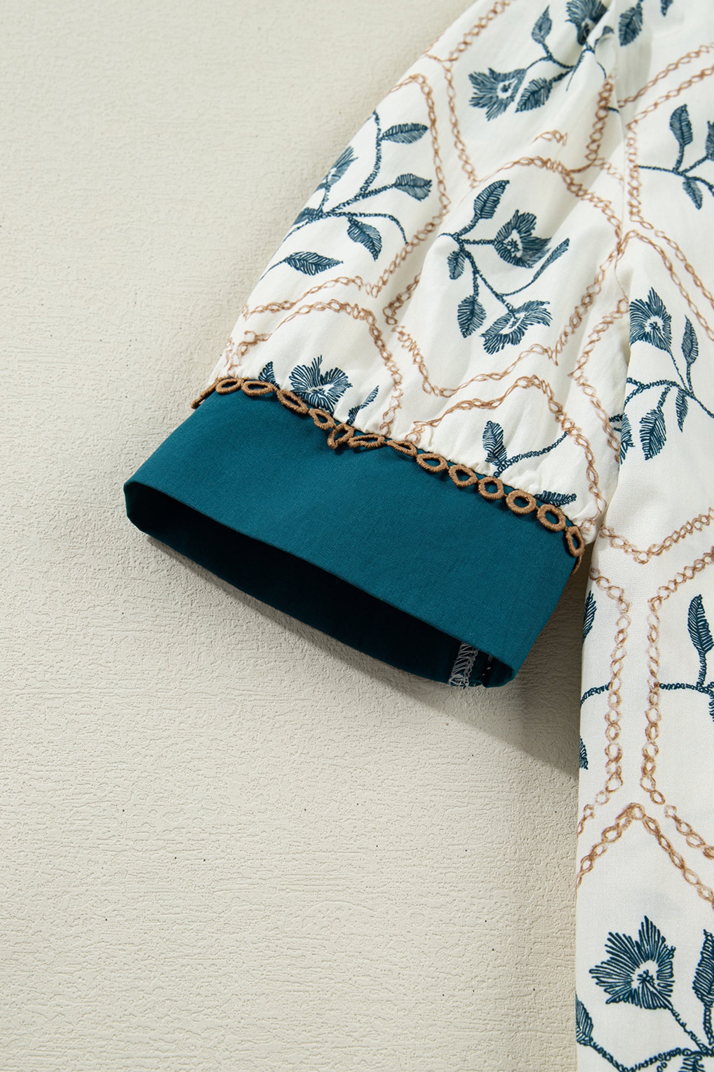 Blue Geometric Floral Print Lace Trim Collared Short Sleeve Mini Dress