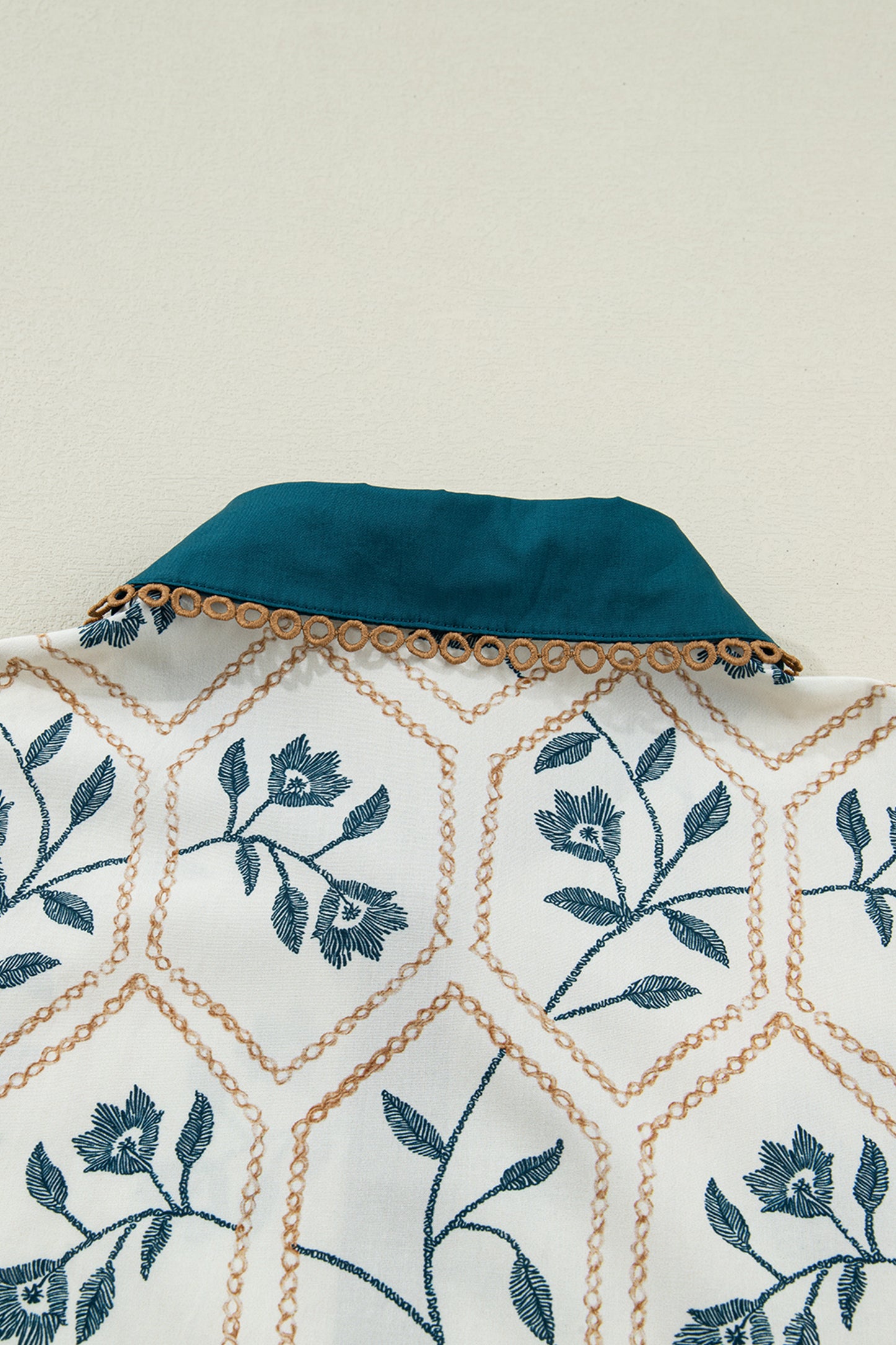 Blue Geometric Floral Print Lace Trim Collared Short Sleeve Mini Dress