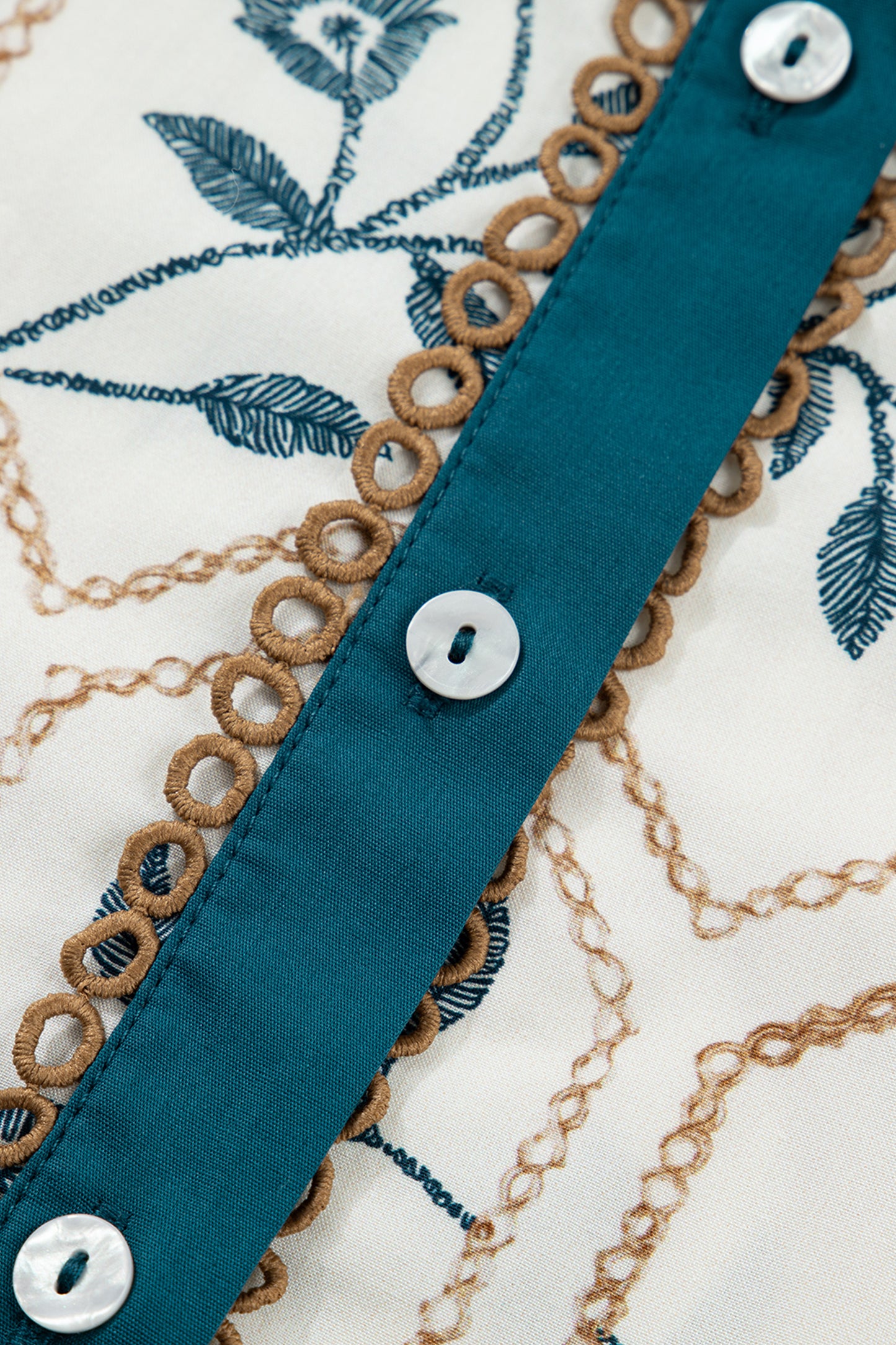 Blue Geometric Floral Print Lace Trim Collared Short Sleeve Mini Dress