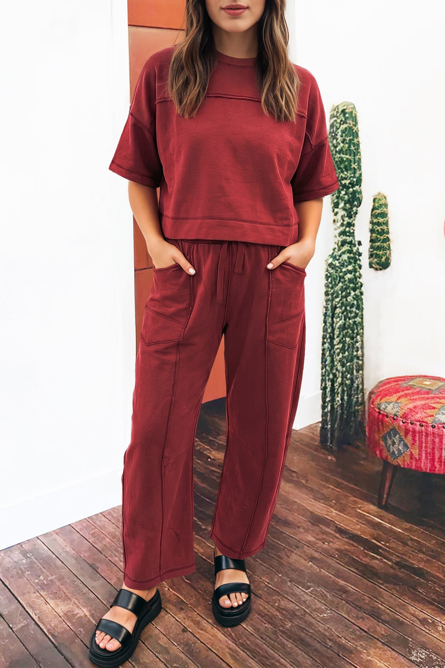 Racing Red Drop Shoulder Boxy Tee and Barrel Pants Set