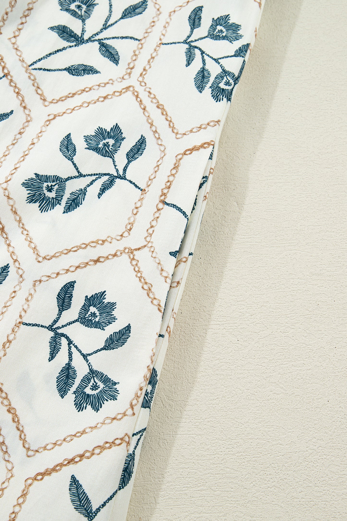 Blue Geometric Floral Print Lace Trim Collared Short Sleeve Mini Dress