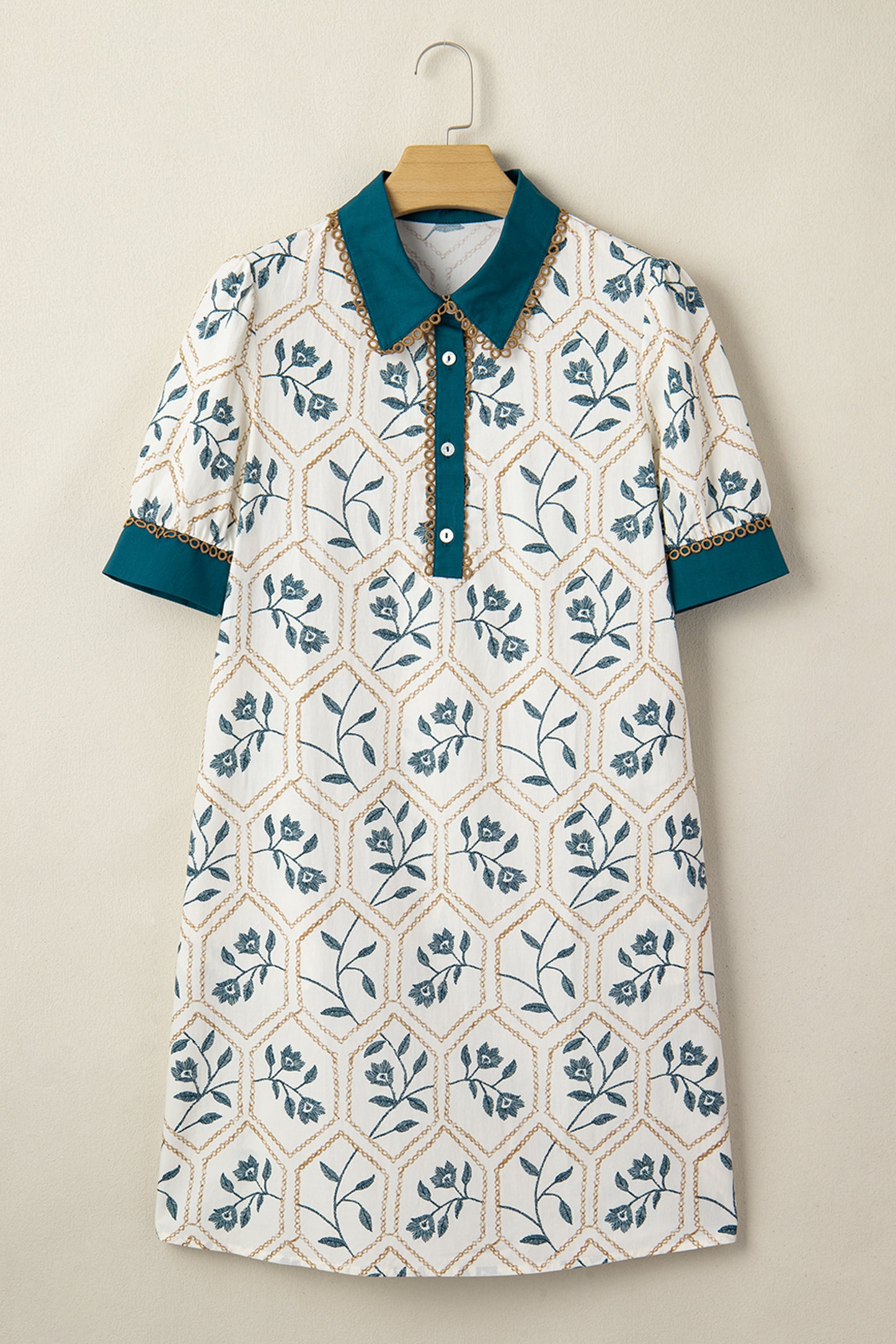 Blue Geometric Floral Print Lace Trim Collared Short Sleeve Mini Dress