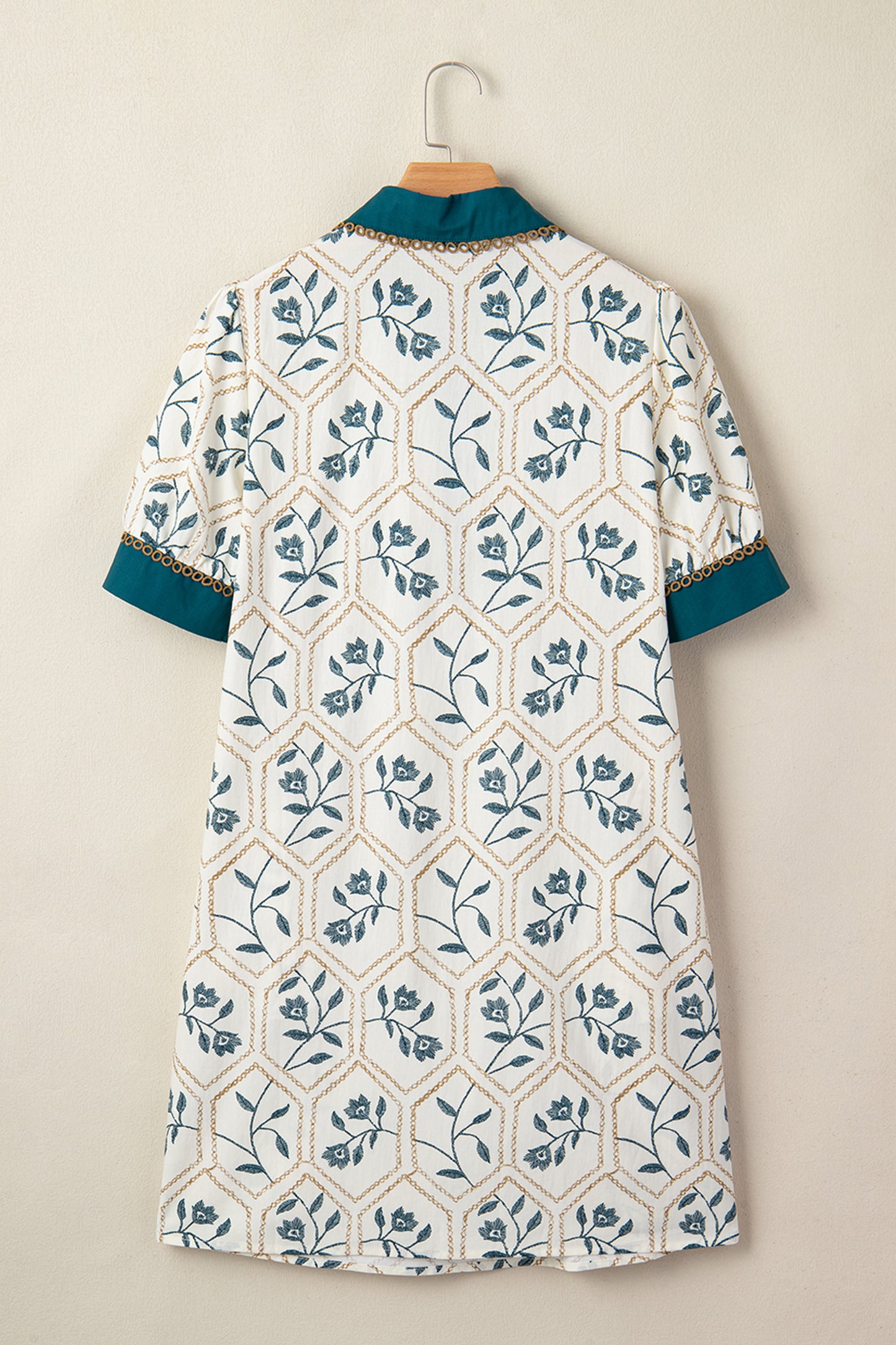 Blue Geometric Floral Print Lace Trim Collared Short Sleeve Mini Dress