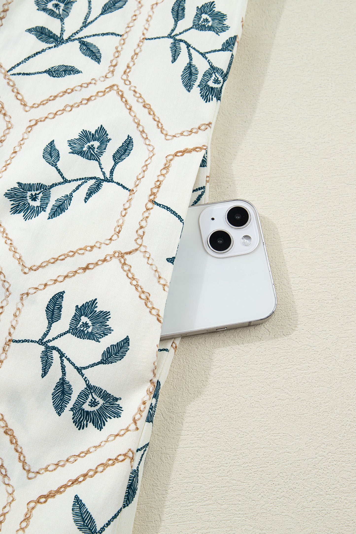 Blue Geometric Floral Print Lace Trim Collared Short Sleeve Mini Dress