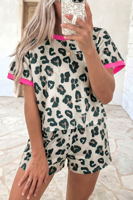Brown Unique Leopard Print Contrast Trim Top Loose 2pcs Short Set