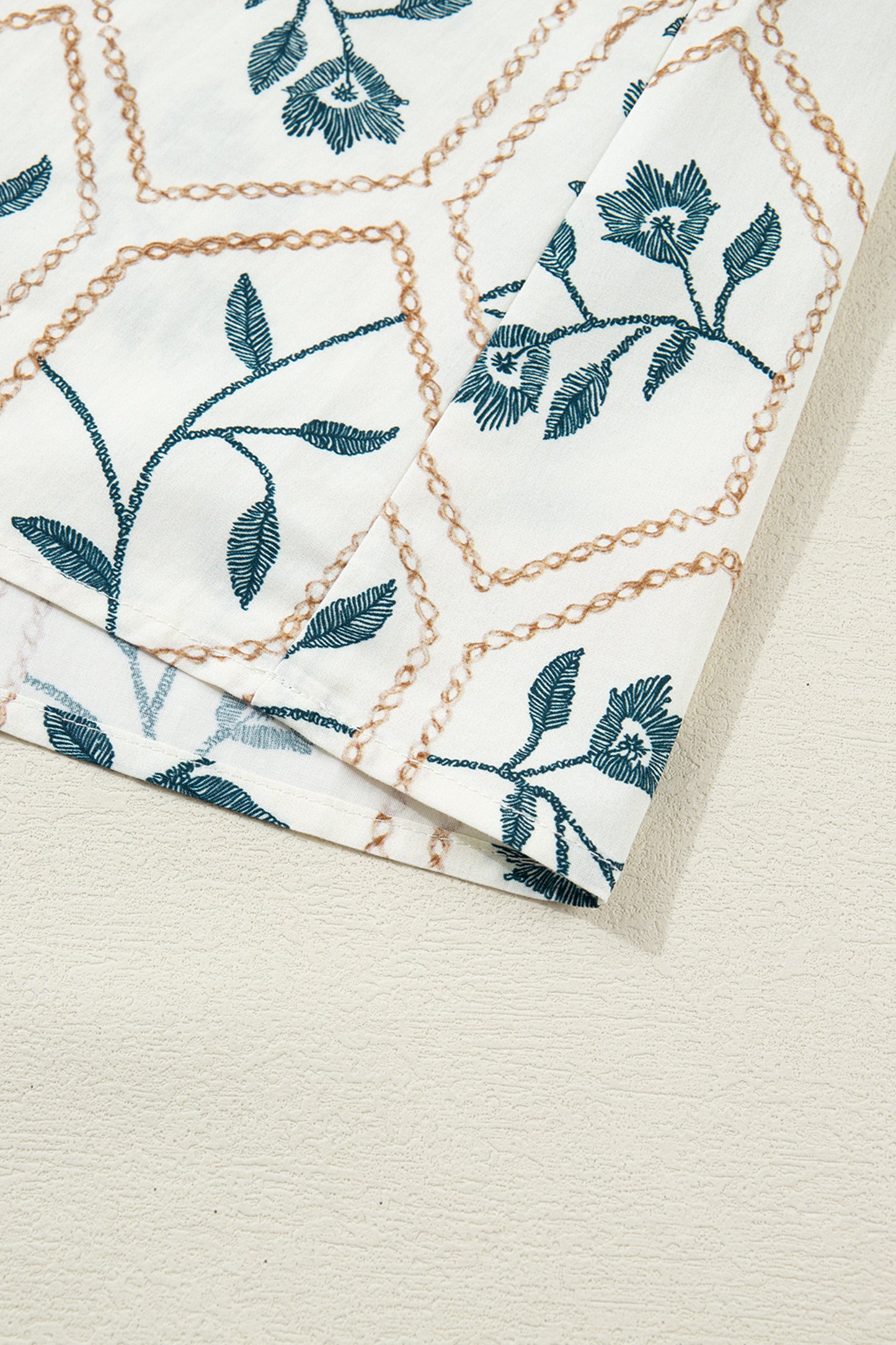 Blue Geometric Floral Print Lace Trim Collared Short Sleeve Mini Dress